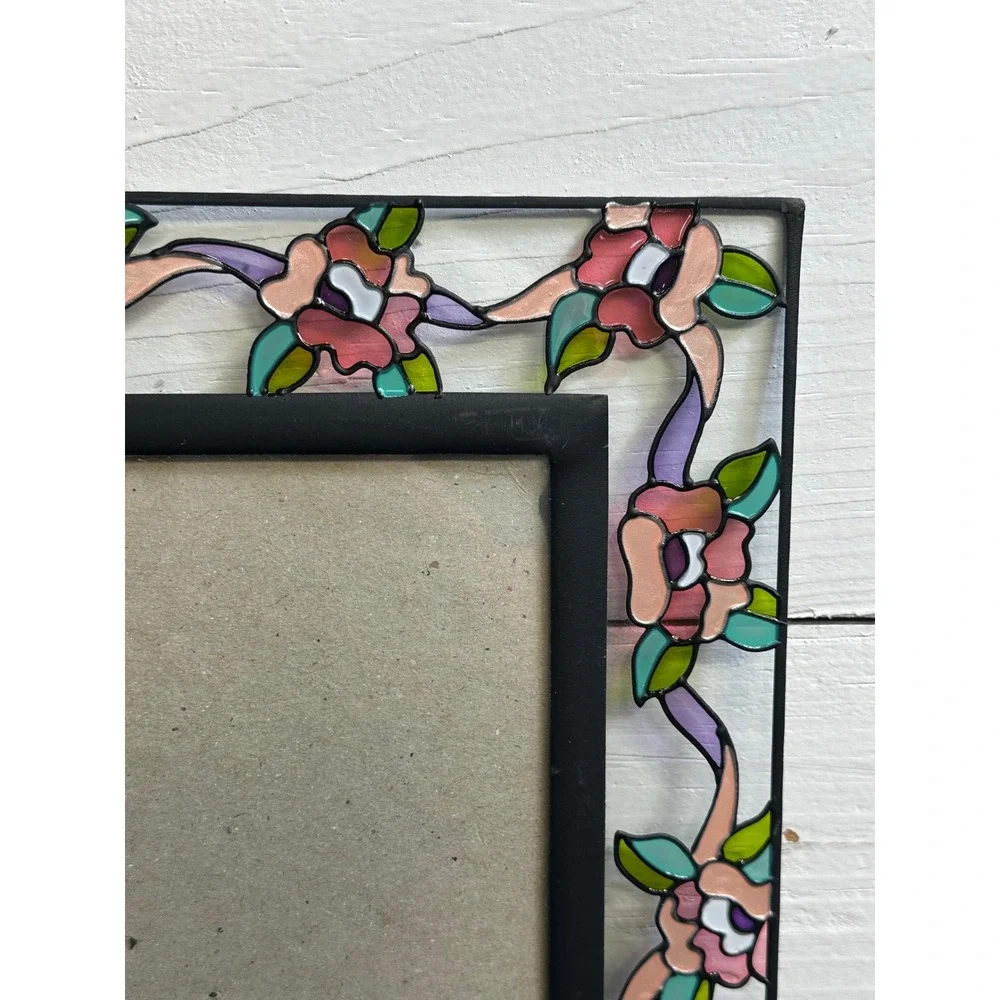Hand painted Stained Glass Style Floral Picture Frame Pink Brown Flowers 5x7